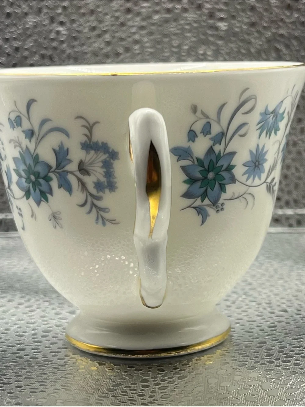 Colclough brand Bone China Teacup & Saucer in Blue Floral with Gold Trim E772